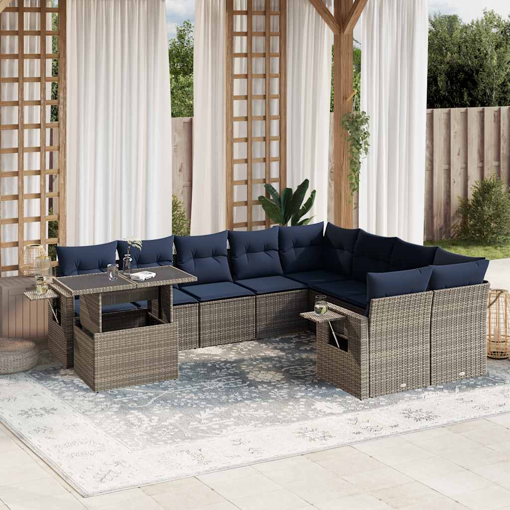 10-teiliges Gartensofa-Set mit Kissen, grau, Polyrattan