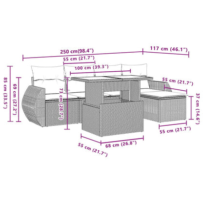 6-teiliges Gartensofa-Set mit Kissen, grau, Polyrattan