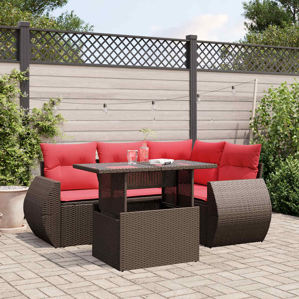 5-teiliges Gartensofa-Set mit Kissen, braun, Polyrattan
