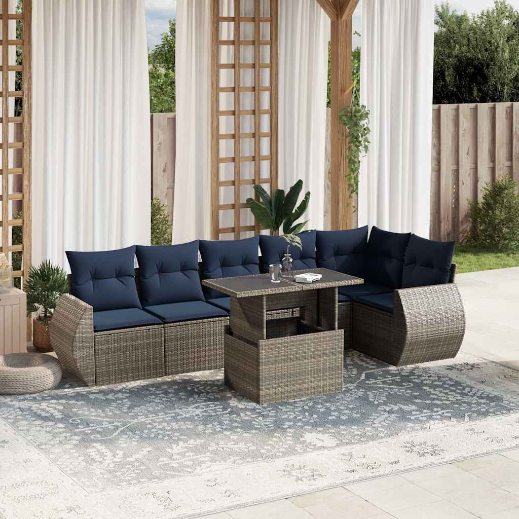 7-teiliges Gartensofa-Set mit Kissen, grau, Polyrattan