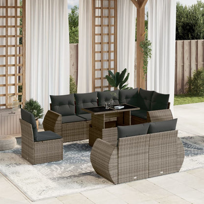 9-tlg. Garten-Sofagarnitur mit Kissen Grau Poly Rattan