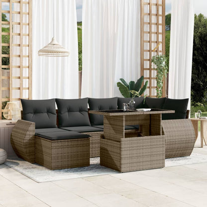 7-tlg. Garten-Sofagarnitur mit Kissen Grau Poly Rattan