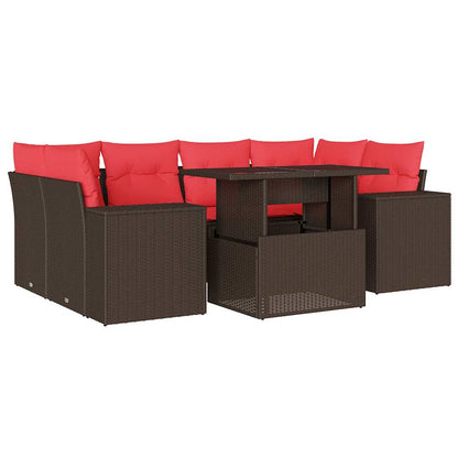 7-teiliges Gartensofa-Set mit Kissen, braun, Polyrattan