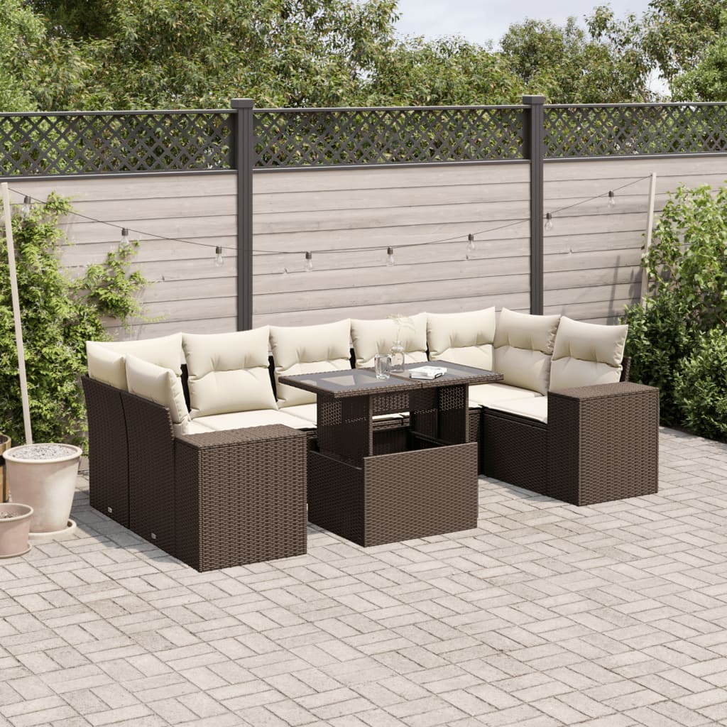 8-tlg. Garten-Sofagarnitur mit Kissen Braun Poly Rattan