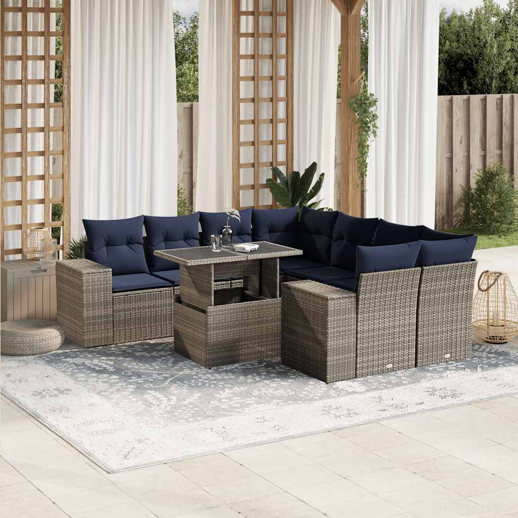 9-teiliges Gartensofa-Set mit Kissen, grau, Polyrattan