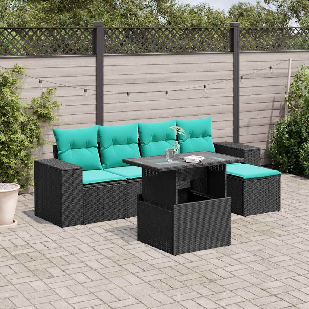 6-teiliges Gartensofa-Set mit Kissen, schwarzes Polyrattan