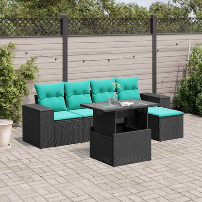 6-teiliges Gartensofa-Set mit Kissen, schwarzes Polyrattan