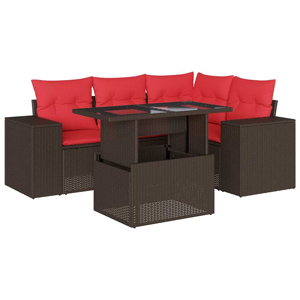 5-teiliges Gartensofa-Set mit Kissen, braun, Polyrattan