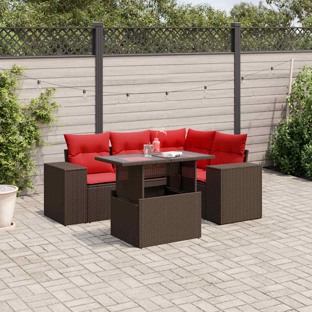 5-teiliges Gartensofa-Set mit Kissen, braun, Polyrattan