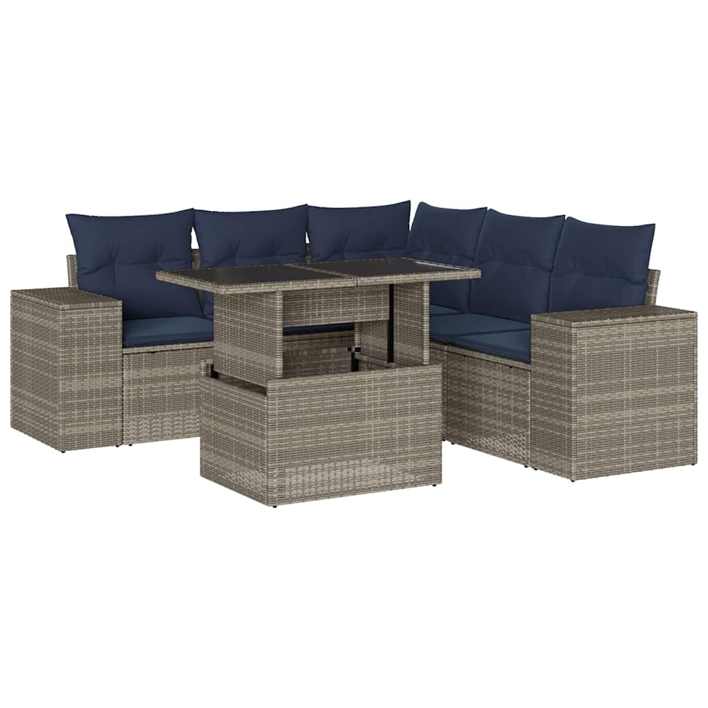 6-teiliges Gartensofa-Set mit Kissen, grau, Polyrattan