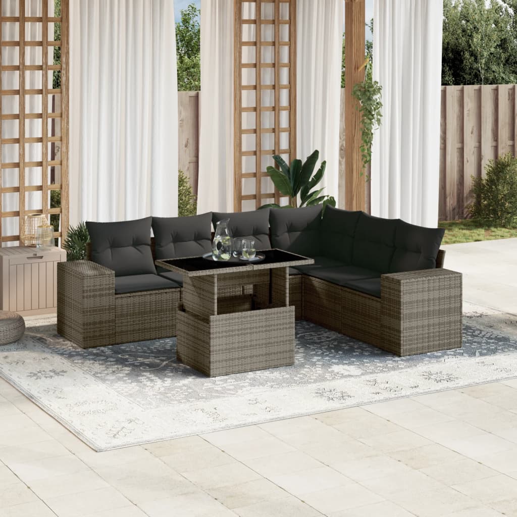 7-tlg. Garten-Sofagarnitur mit Kissen Grau Poly Rattan
