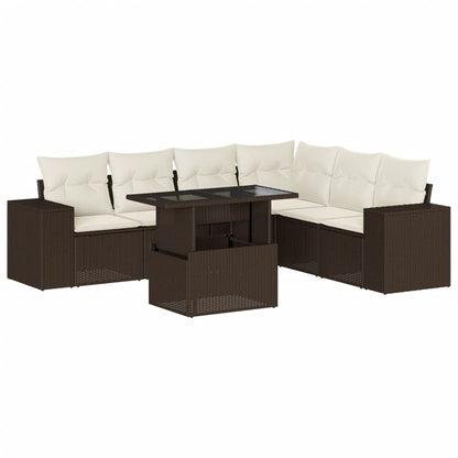 7-tlg. Garten-Sofagarnitur mit Kissen Braun Poly Rattan