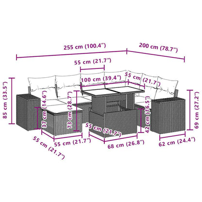 8-tlg. Garten-Sofagarnitur mit Kissen Schwarz Poly Rattan