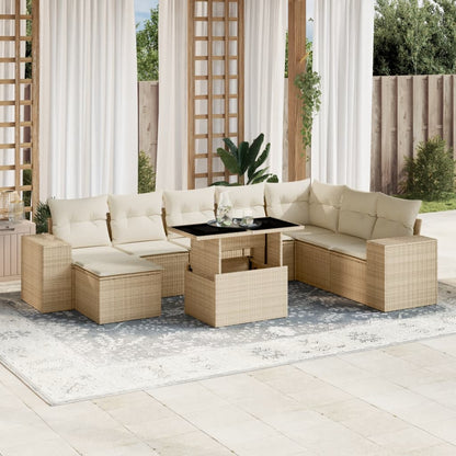 9-tlg. Garten-Sofagarnitur mit Kissen Beige Poly Rattan