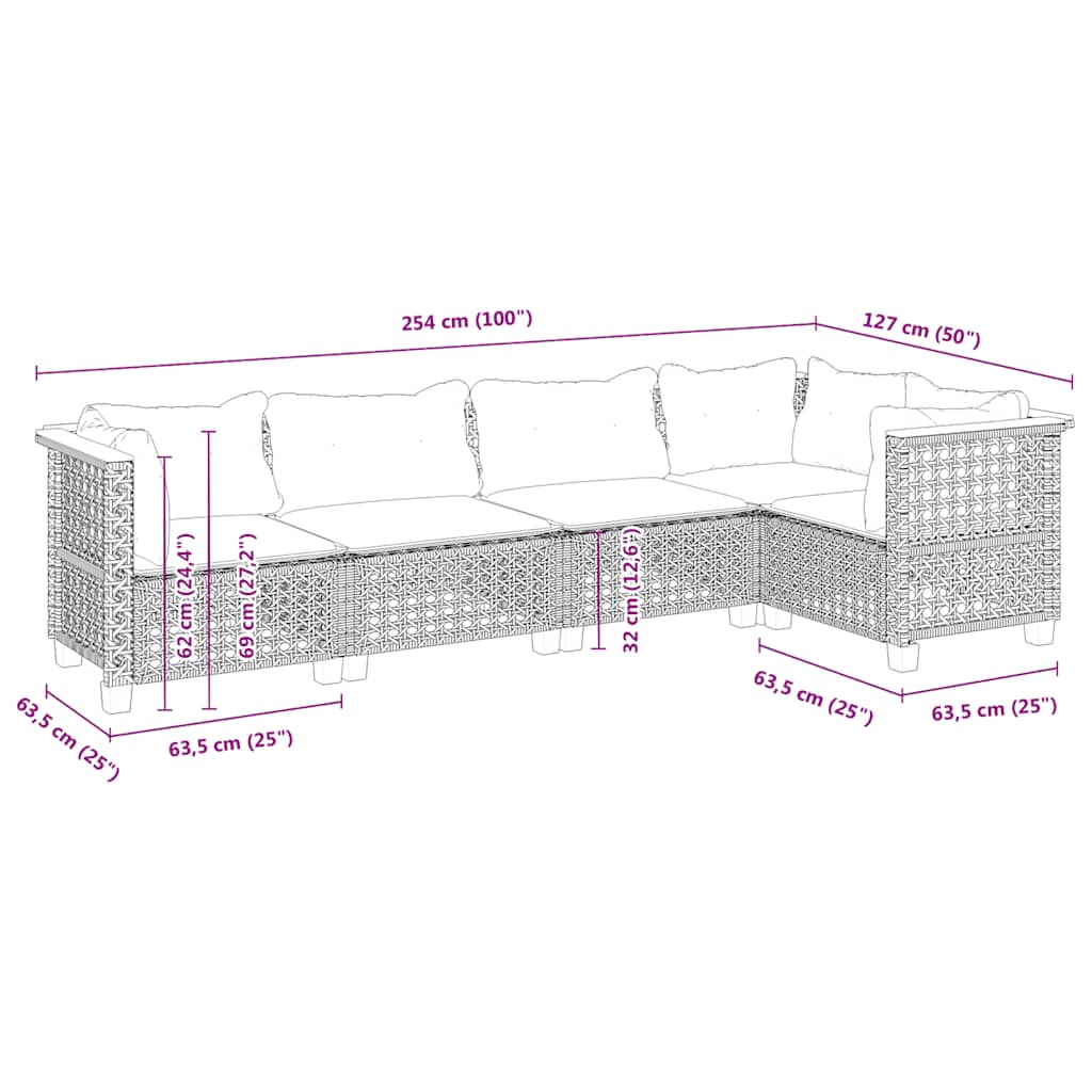 5-tlg. Garten-Sofagarnitur mit Kissen Beige Poly Rattan