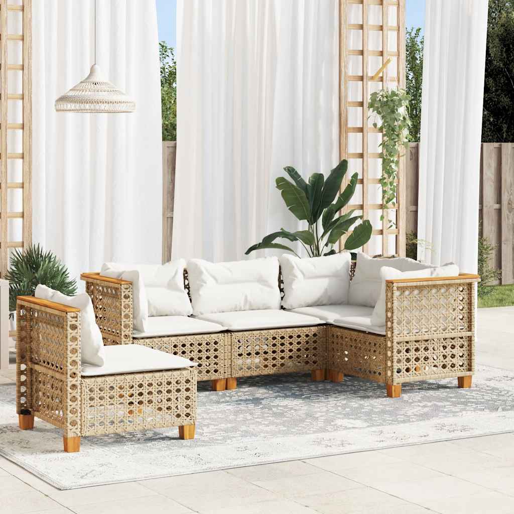 5-tlg. Garten-Sofagarnitur mit Kissen Beige Poly Rattan