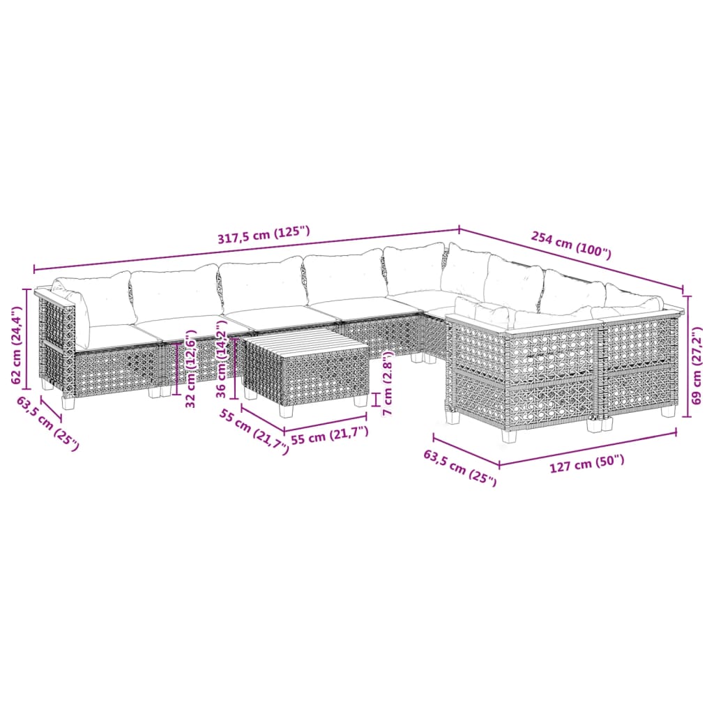 10-tlg. Garten-Sofagarnitur mit Kissen Schwarz Poly Rattan