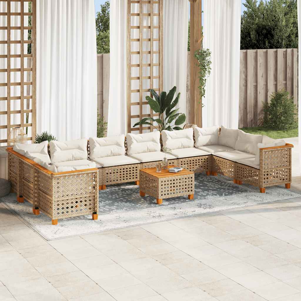 11-tlg. Garten-Sofagarnitur mit Kissen Beige Poly Rattan