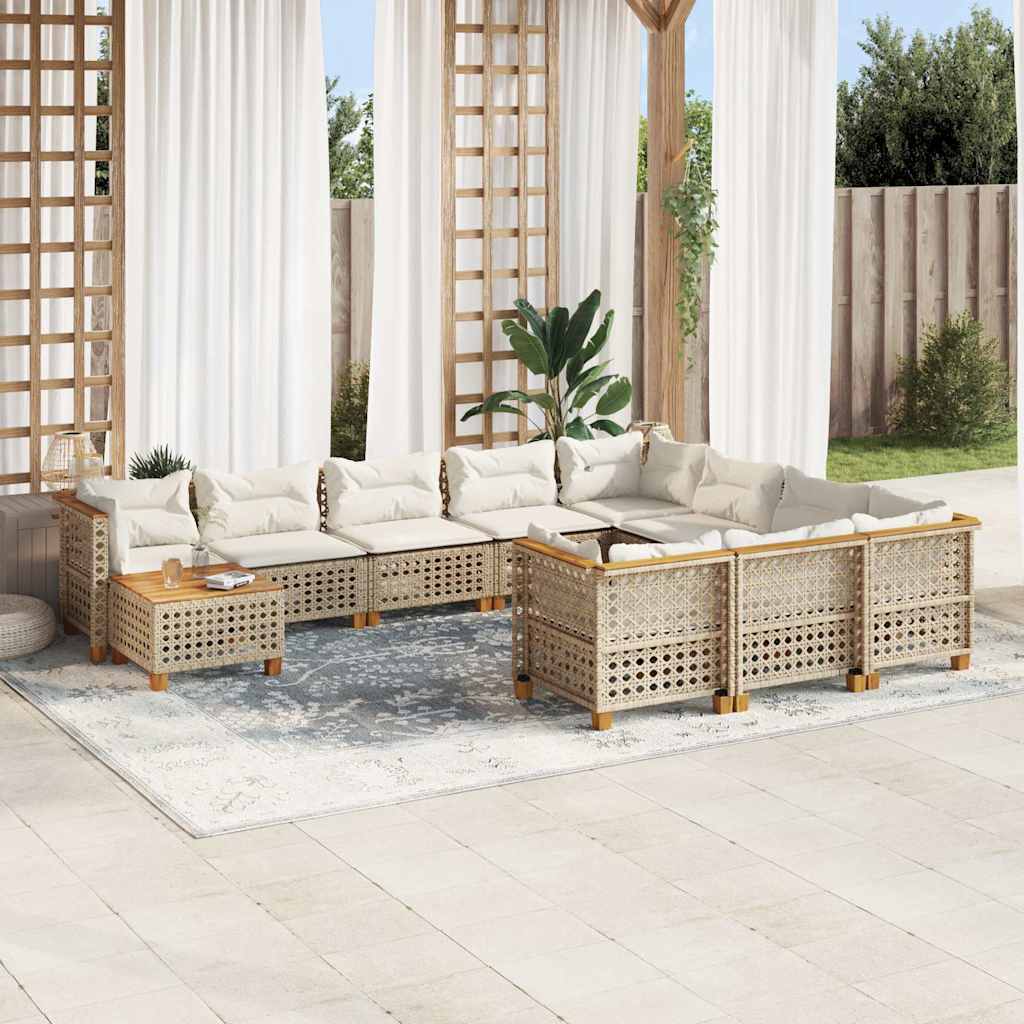 11-tlg. Garten-Sofagarnitur mit Kissen Beige Poly Rattan