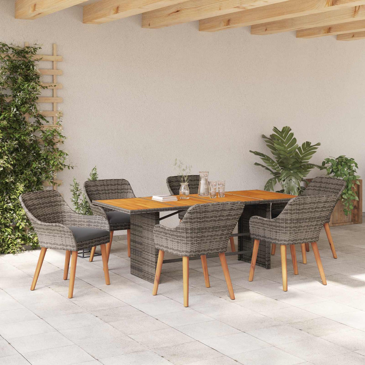 Garten Essgruppe mit Kissen 7 pcs Grau Poly-Rattan