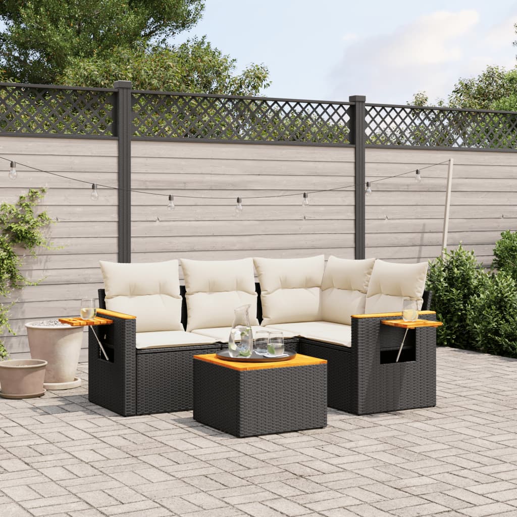 5-tlg. Garten-Sofagarnitur mit Kissen Schwarz Poly Rattan