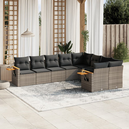9-tlg. Garten-Sofagarnitur mit Kissen Grau Poly Rattan