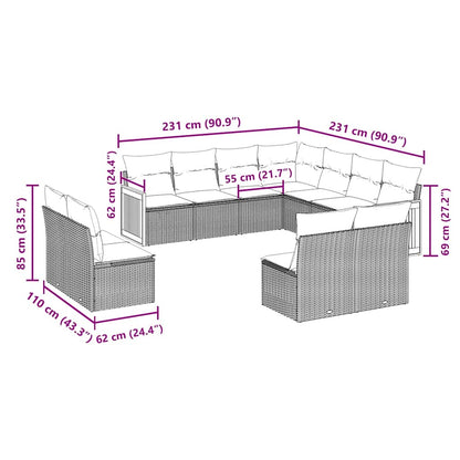11-tlg. Garten-Sofagarnitur mit Kissen Schwarz Poly Rattan