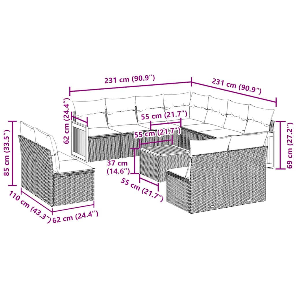 12-tlg. Garten-Sofagarnitur mit Kissen Schwarz Poly Rattan