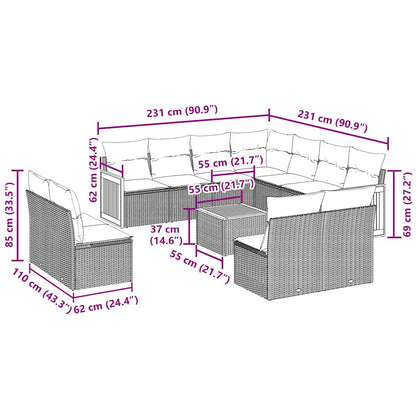 12-tlg. Garten-Sofagarnitur mit Kissen Schwarz Poly Rattan