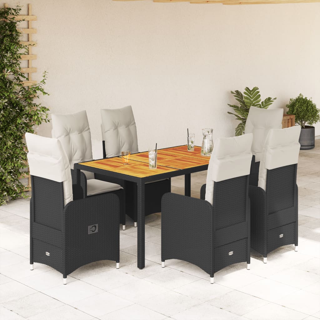 7-tlg. Garten-Bistro-Set mit Kissen Schwarz Poly Rattan