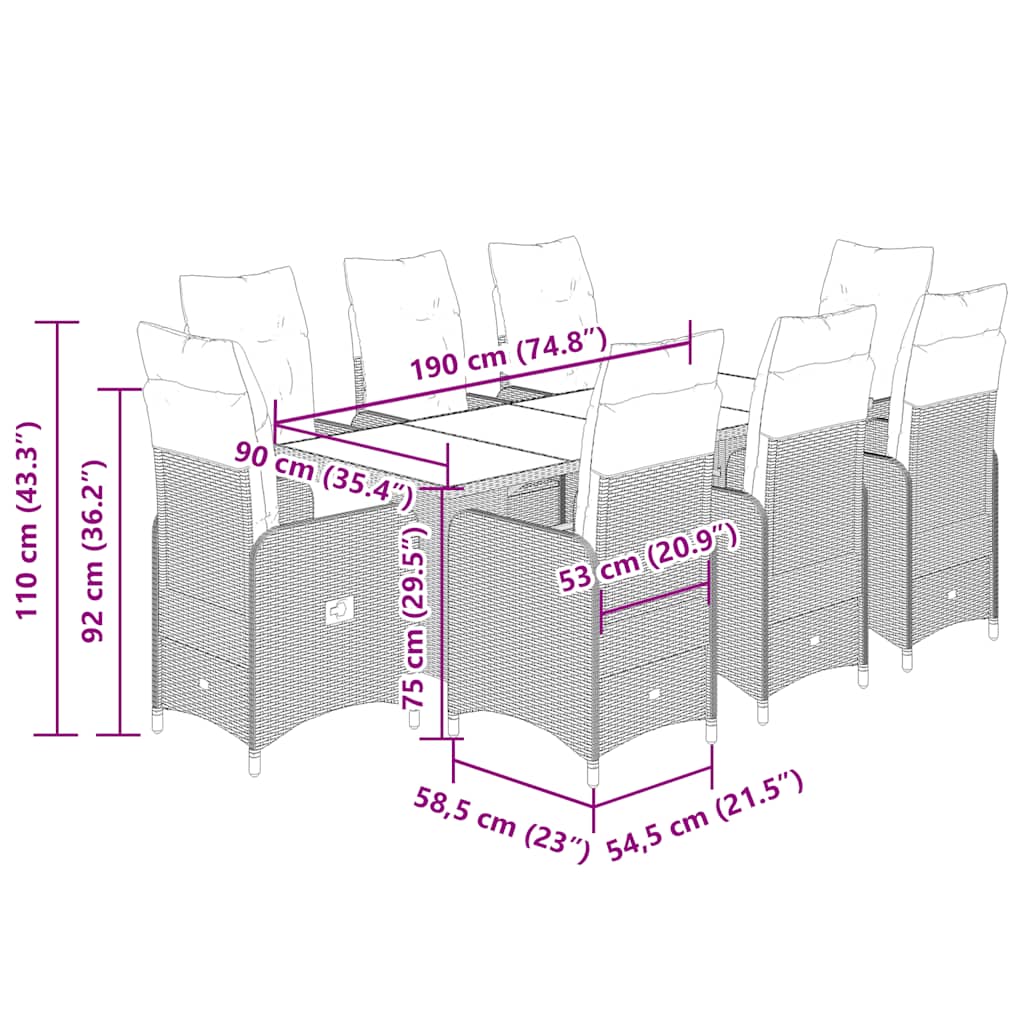 9-tlg. Garten-Bistro-Set mit Kissen Schwarz Poly Rattan