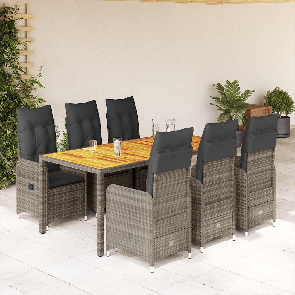 7-tlg. Garten-Bistro-Set mit Kissen Grau Poly Rattan