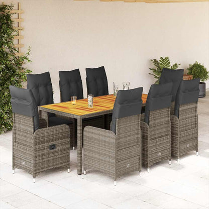 9-tlg. Garten-Bistro-Set mit Kissen Grau Poly Rattan