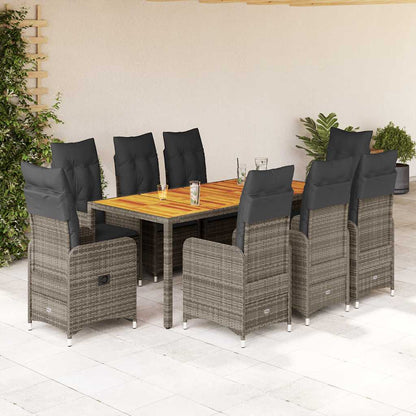 9-tlg. Garten-Bistro-Set mit Kissen Grau Poly Rattan