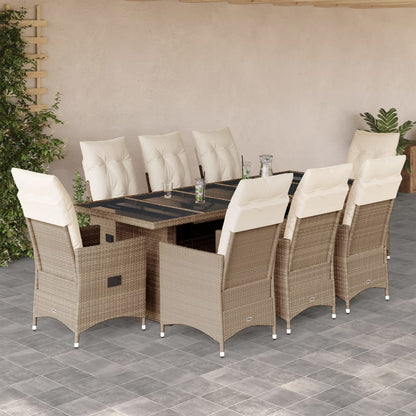 9-tlg. Garten-Bistro-Set mit Kissen Beige Poly Rattan