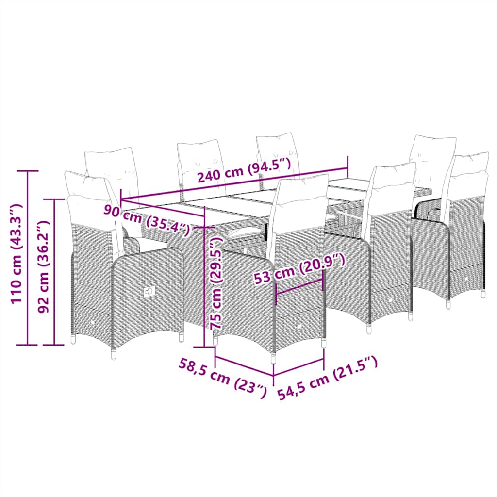 9-tlg. Garten-Bistro-Set mit Kissen Grau Poly Rattan
