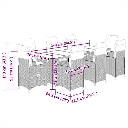 9-tlg. Garten-Bistro-Set mit Kissen Grau Poly Rattan