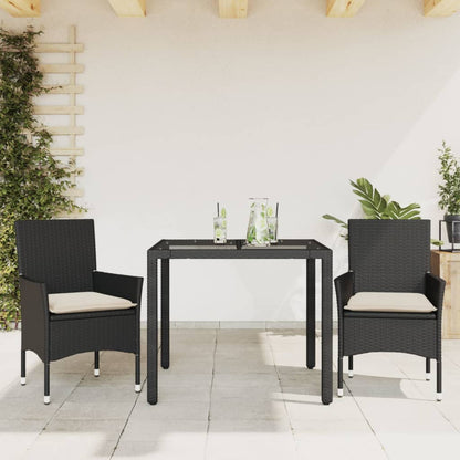 3-tlg. Garten-Essgruppe mit Kissen Schwarz Poly Rattan Glas