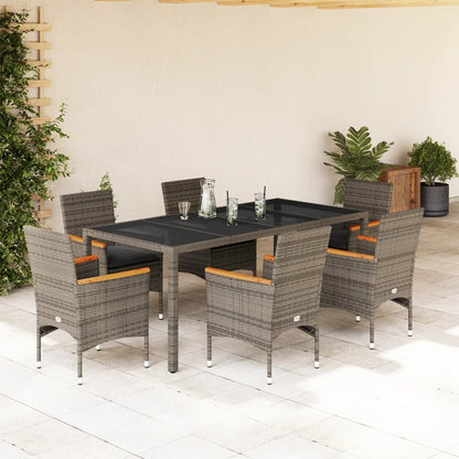 7-tlg. Garten-Essgruppe mit Kissen Grau Poly Rattan und Glas