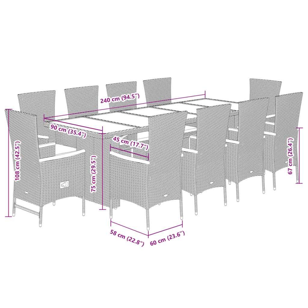 11-tlg. Garten-Essgruppe mit Kissen Grau Poly Rattan