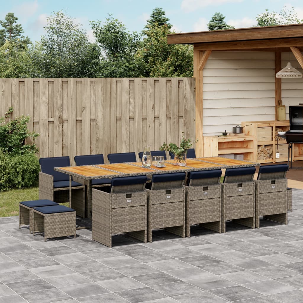 15-teiliges Garten-Ess-Set mit Kissen, grau, Polyrattan