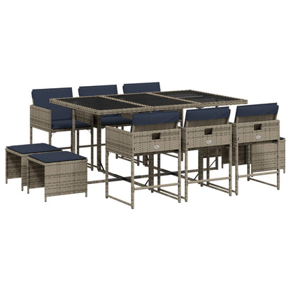 11-teiliges Garten-Ess-Set mit Kissen, grau, Polyrattan