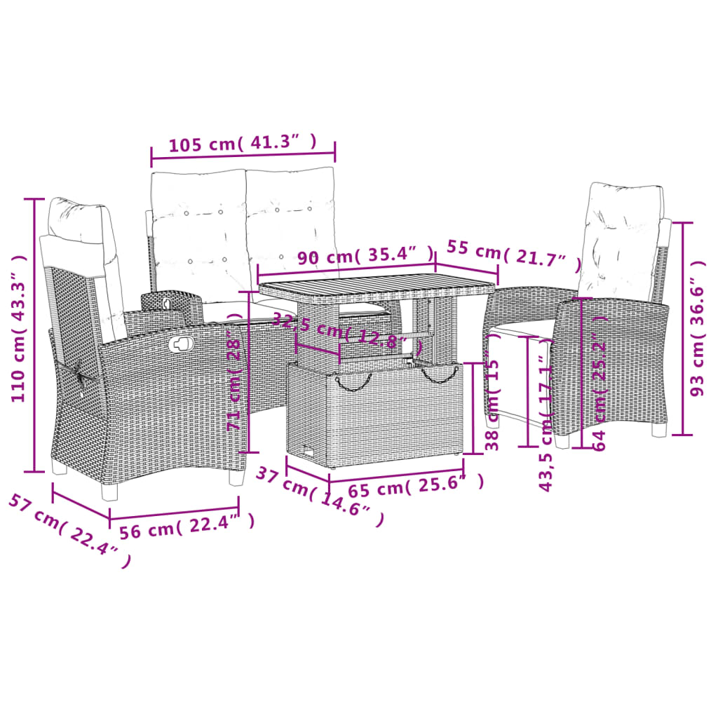 4-tlg. Garten-Essgruppe mit Kissen Grau Poly Rattan