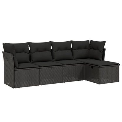 5-tlg. Garten-Sofagarnitur mit Kissen Schwarz Poly Rattan