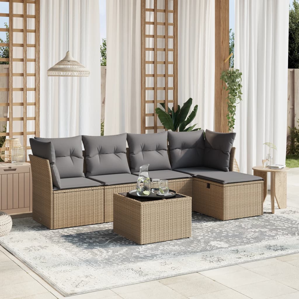 6-tlg. Garten-Sofagarnitur mit Kissen Beige Poly Rattan
