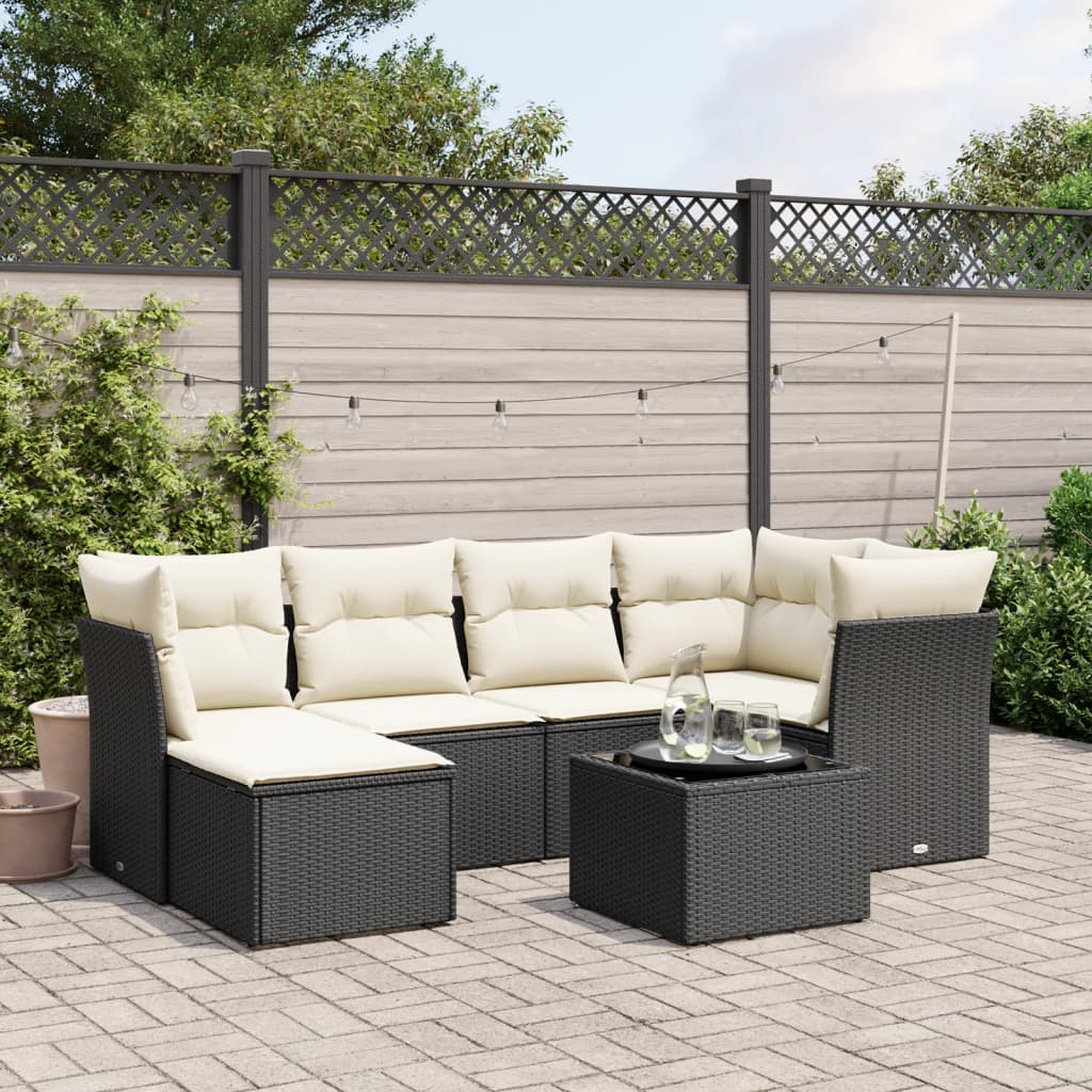 7-tlg. Garten-Sofagarnitur mit Kissen Schwarz Poly Rattan