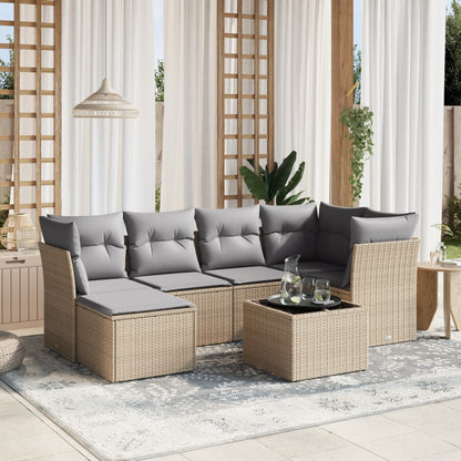 7-tlg. Garten-Sofagarnitur mit Kissen Beige Poly Rattan