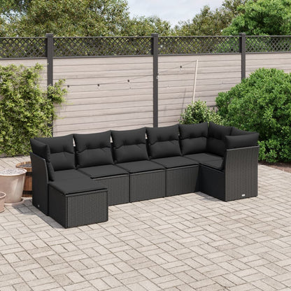 7-tlg. Garten-Sofagarnitur mit Kissen Schwarz Poly Rattan