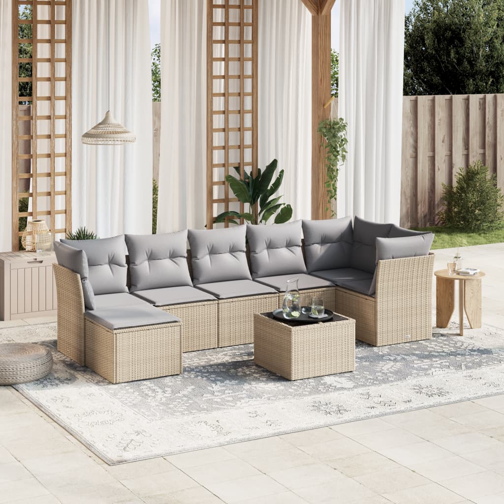 8-tlg. Garten-Sofagarnitur mit Kissen Beige Poly Rattan