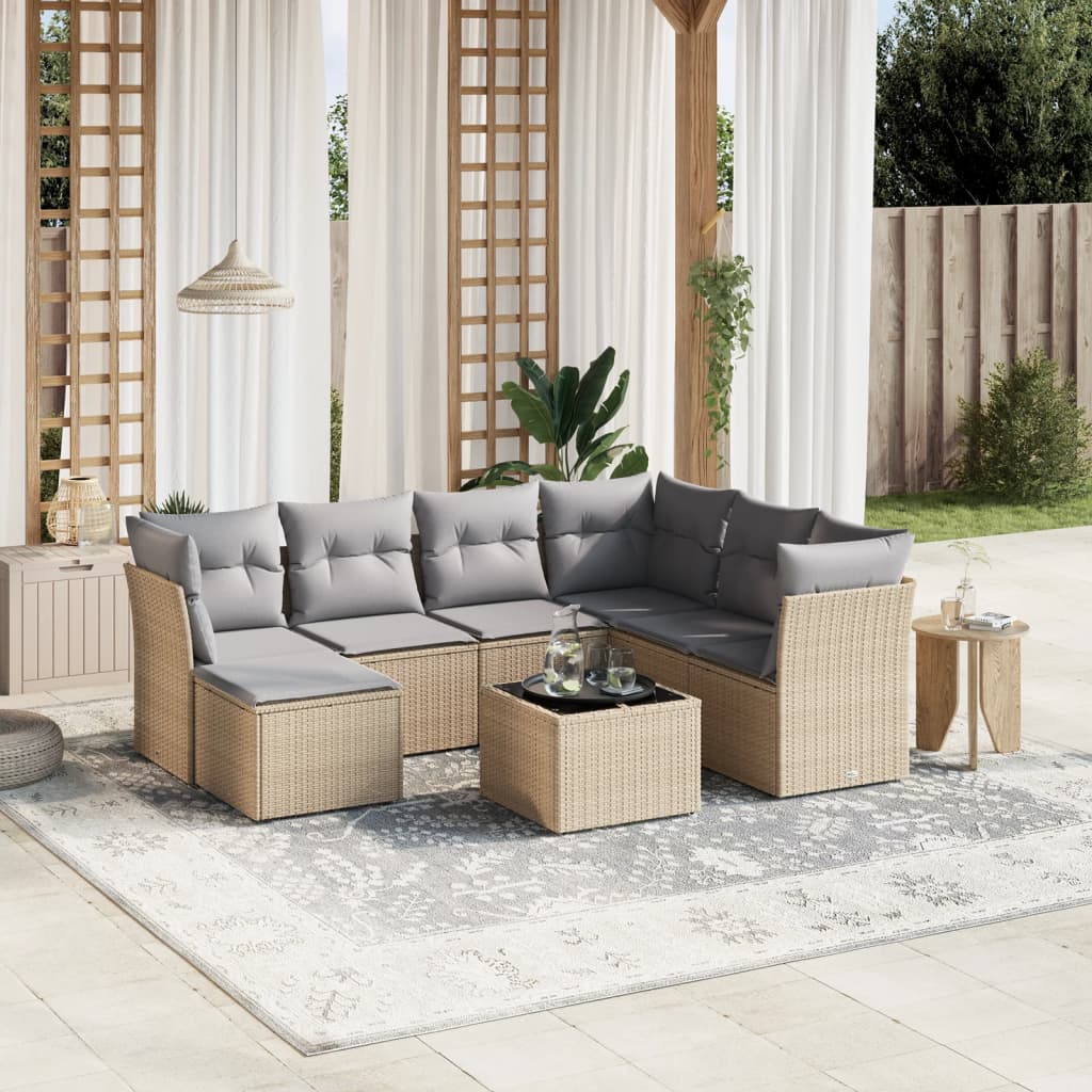 8-tlg. Garten-Sofagarnitur mit Kissen Beige Poly Rattan
